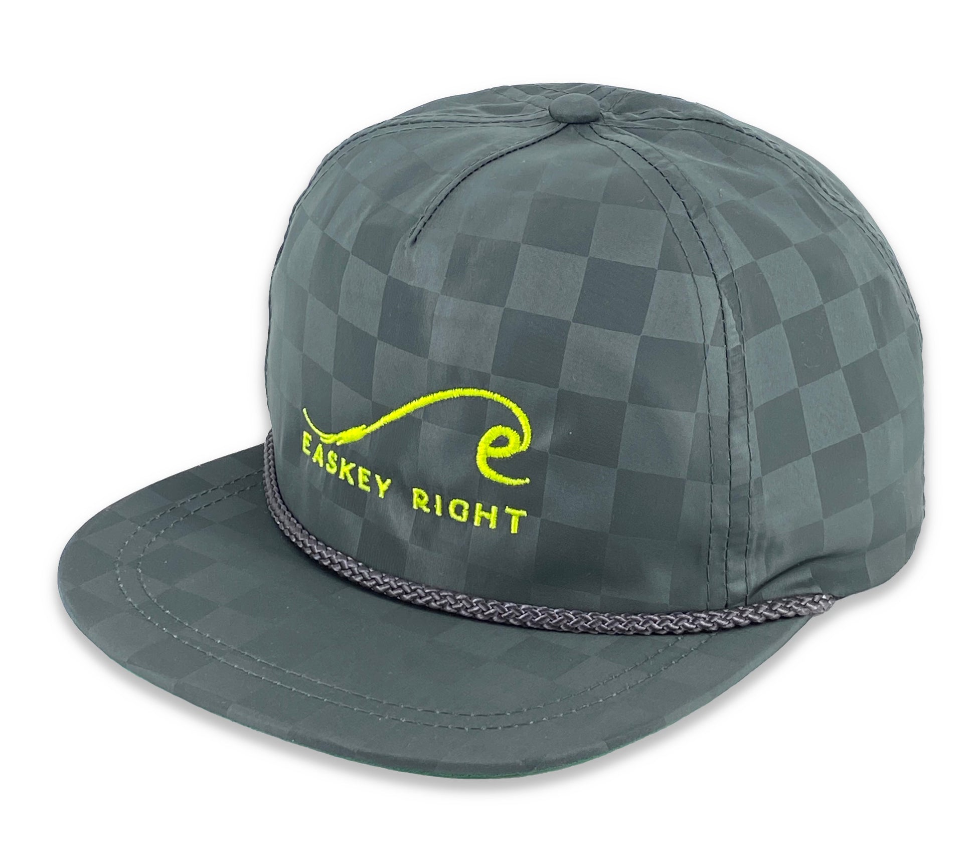 grey checkerboard hat with neon yellow wave