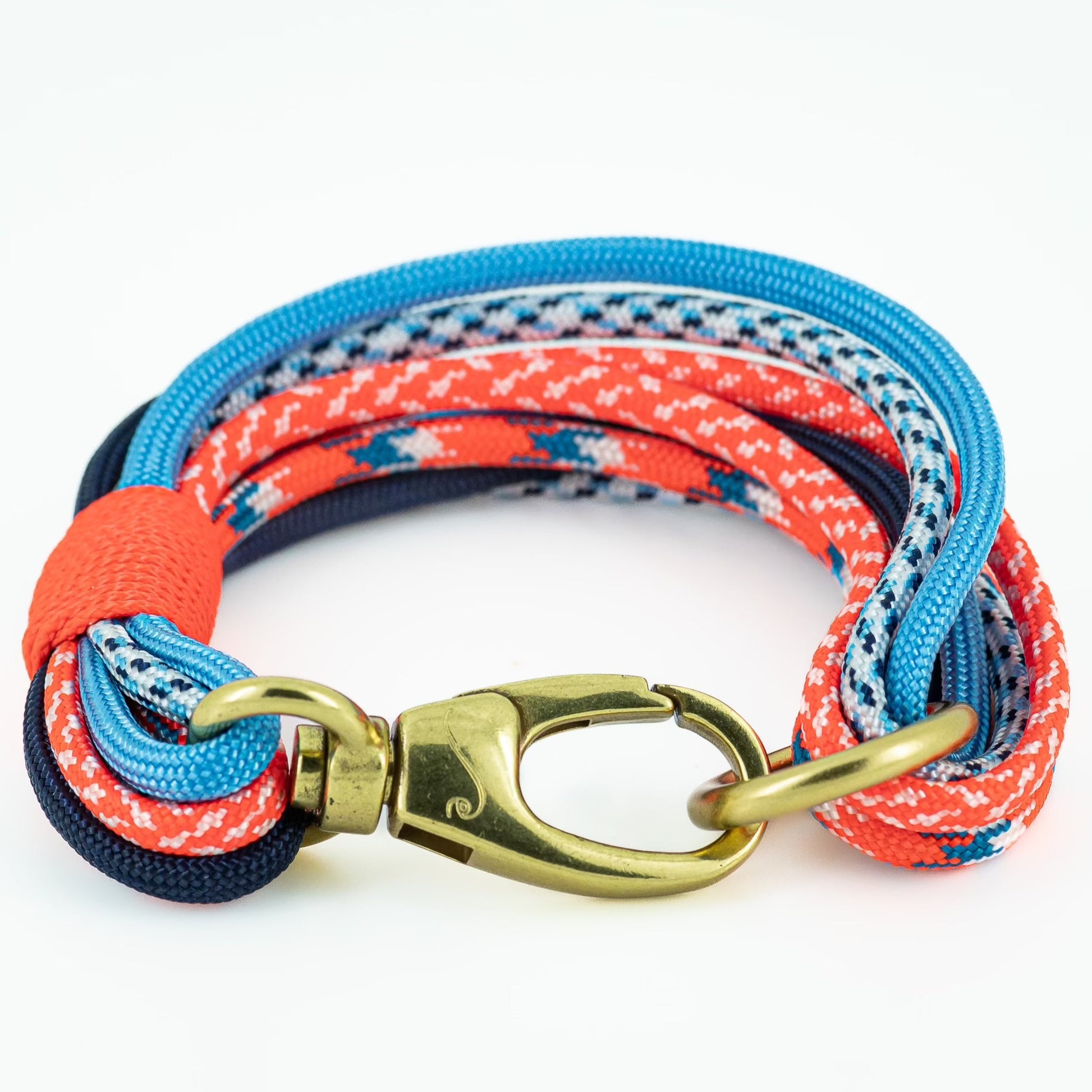 navy and orange paracord rope bracelet with brass clasp